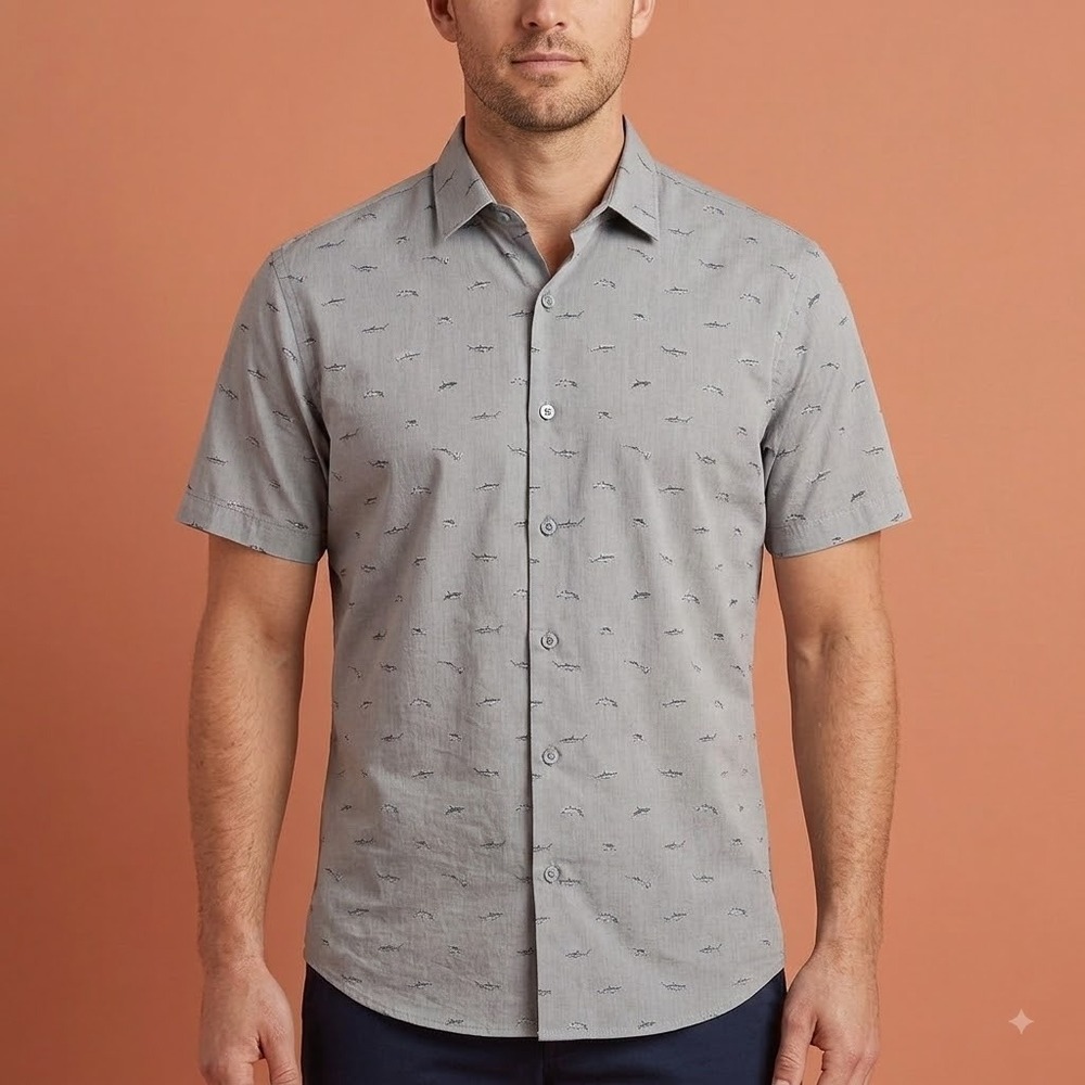 Tori Richard Button Up Shirt Mens Gray Shark Print Short Sleeve Cotton